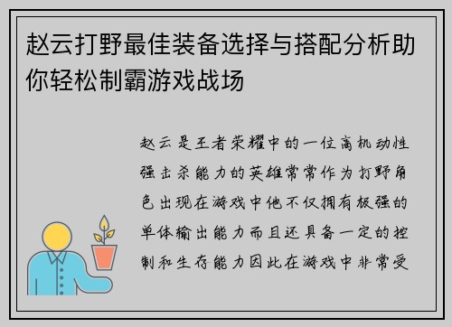 赵云打野最佳装备选择与搭配分析助你轻松制霸游戏战场